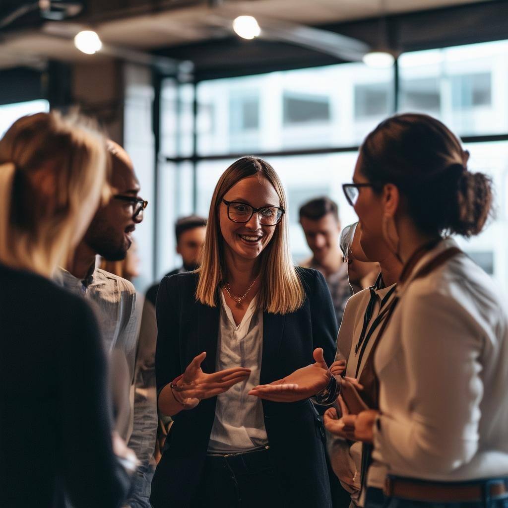 A group of business people engaged in a discussion in a casual office environment.