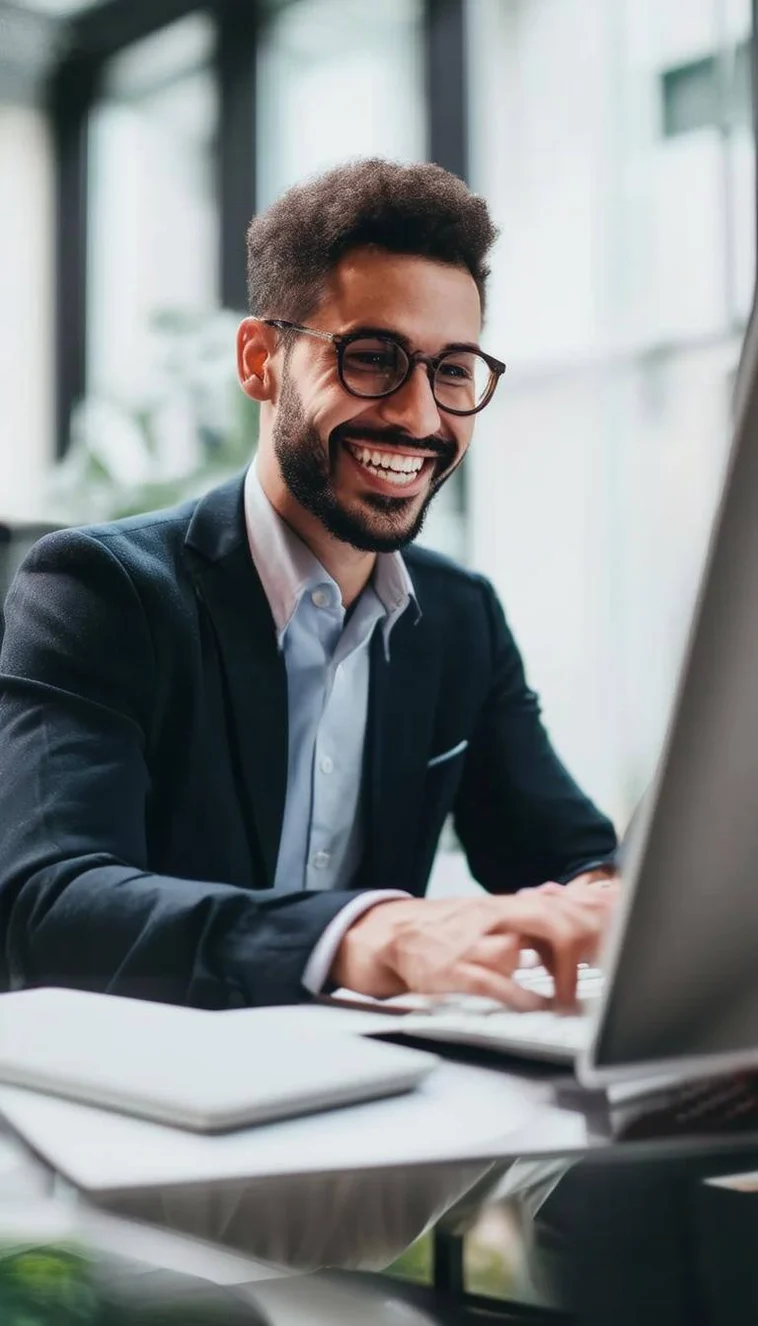 A cheerful businessman working on a laptop in a modern office.