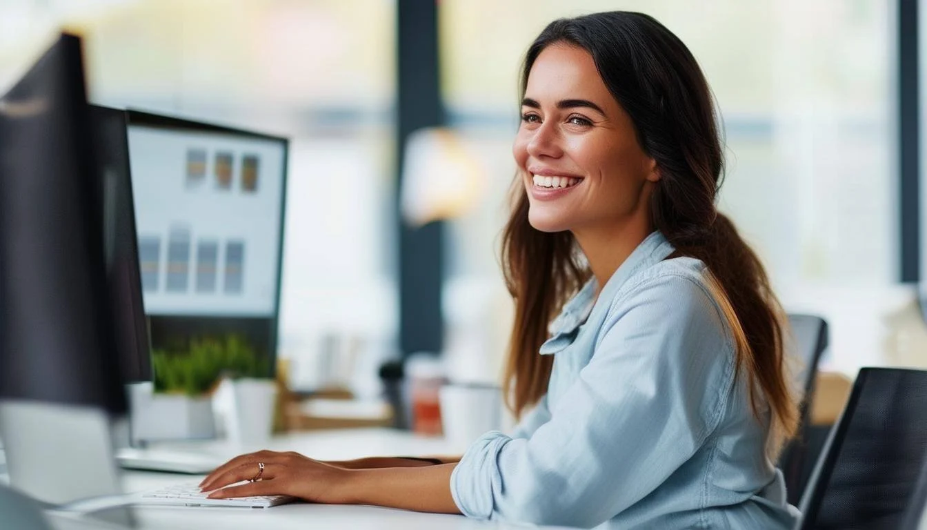 A smiling woman working at a desk with a computer in a bright office.